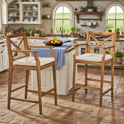 Ensemble de 2 tabourets de bar en bois à dossier croisé et coussins pour patio / intérieur