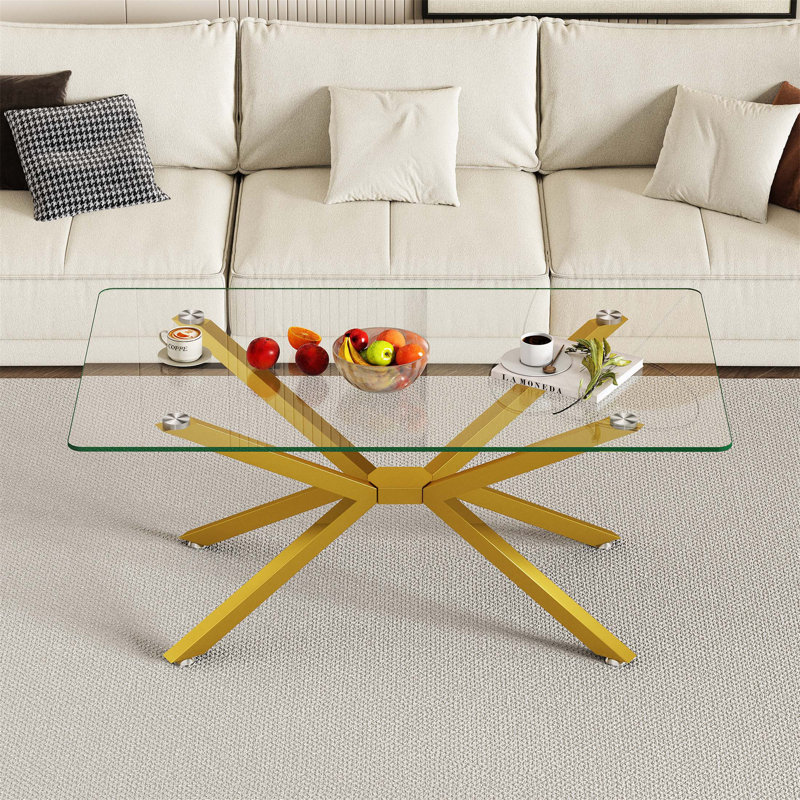 Table basse rectangulaire en verre trempé transparent de 39,37 pouces avec pieds en métal, élégante et durable pour les salons modernes