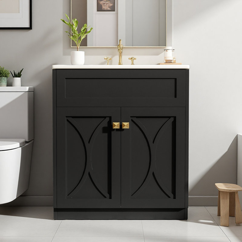 30'' Modern Freestanding Bathroom Vanity With Ceramic Sink, Pull-out Storage Rack And Exquisite Gold Square Metal Handle