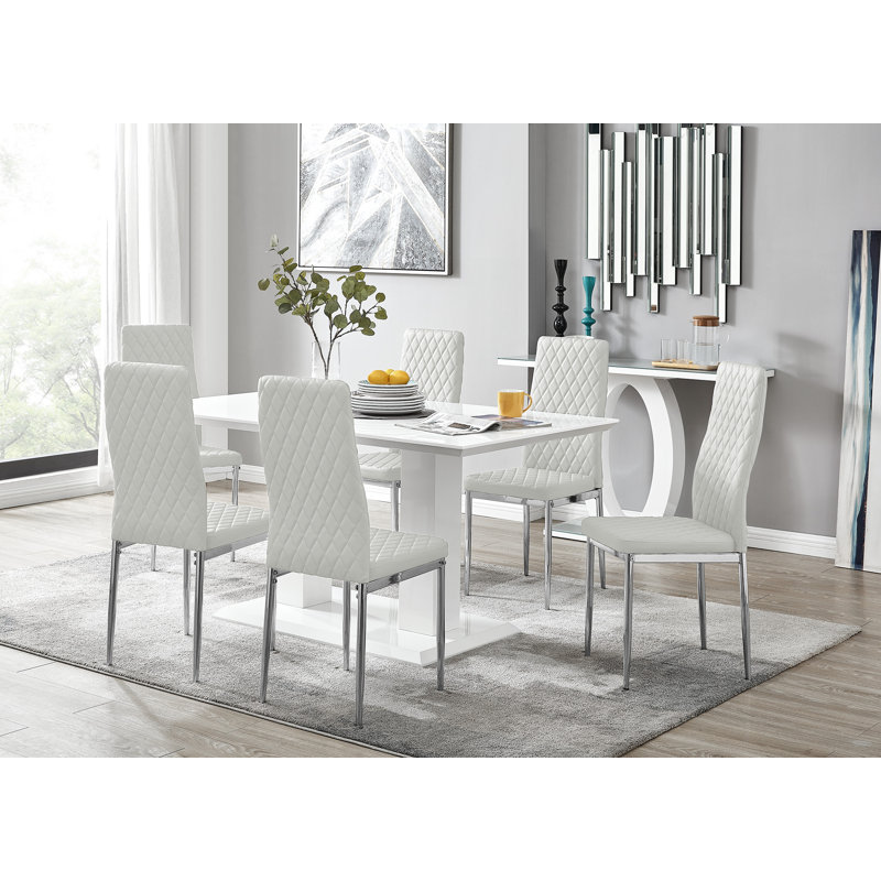 Eubanks Dining Set with 6 Chairs, White/Silver