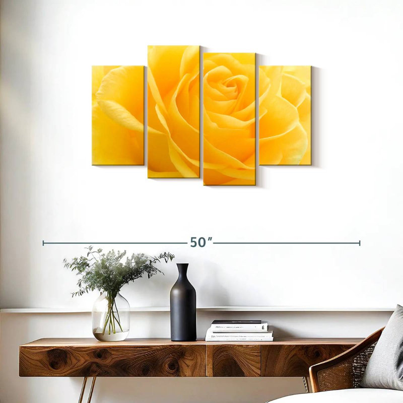 Ensemble de 4 pièces de pétales de roses jaunes sur toile, H 22 po x l 36 po x P 1 po