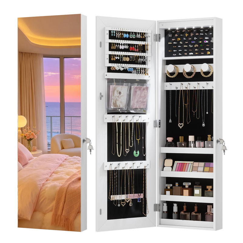 Jewelry Cabinets with Mirror and LED Lights, Door Hanging/Wall Mounted Jewelry Armoire, White