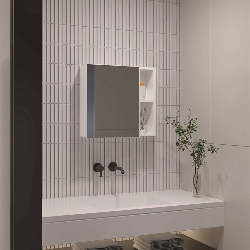 Armoire à pharmacie, miroir, deux tablettes extérieures, armoire à une porte, trois tablettes intérieures, Blanc