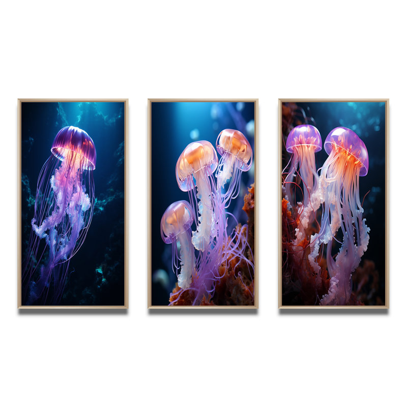 «Ethereal Glow Jellyfish», 3 pièces sur toile, Encadré naturel, H 20 po x l 36 po
