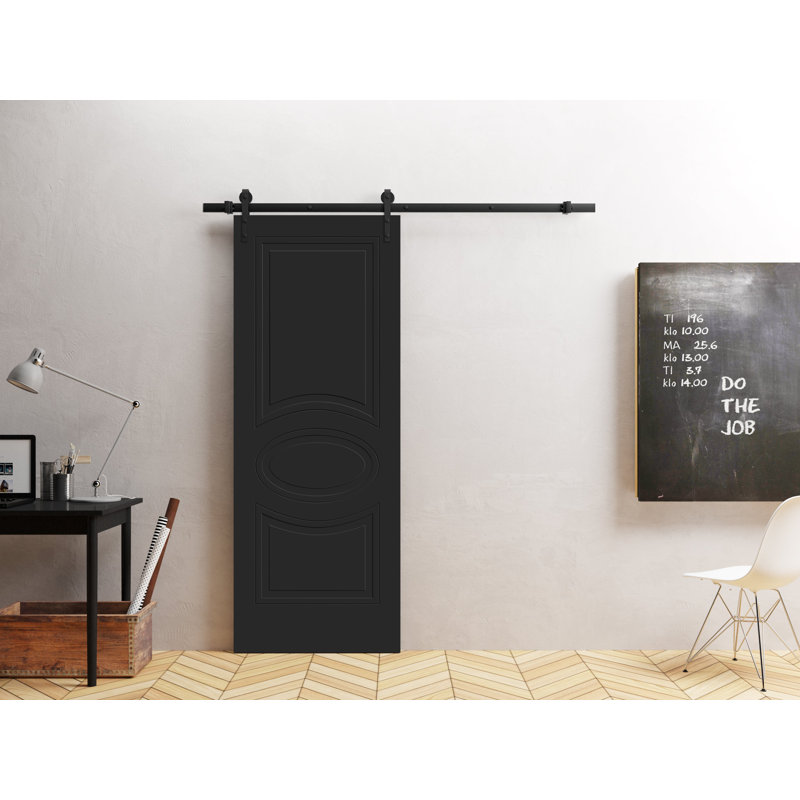 Porte de grange moderne de 42 po x 96 po Mela 7001 peinte en noir, rail de 6,6 pi, quincaillerie robuste, panneaux pleins, portes intérieures