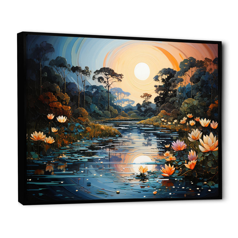 Blue Green Pointillism River At Night V - Pointillism Wall Art Living Room, H 12 po x l 20 po x P 1 po, Cadre flottant noir
