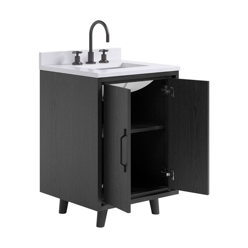 TileBar Studio Vanities Setton Single Vanity with White Quartz Top, Ebony Oak, 24" W