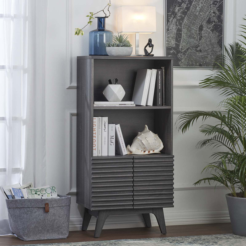 Charcoal Wood Mid-Century Modern Display Cabinet Bookshelf