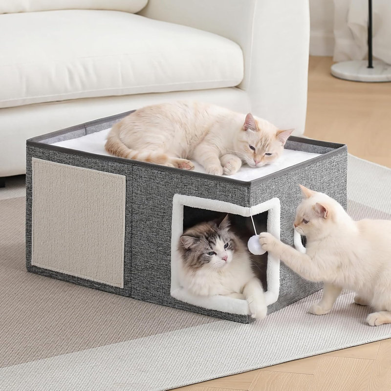 Niche pour chat extra-large pour chats d'intérieur, grand lit-grotte pour chat avec boule pelucheuse et bloc-notes, lit pour chaton pliable, gris
