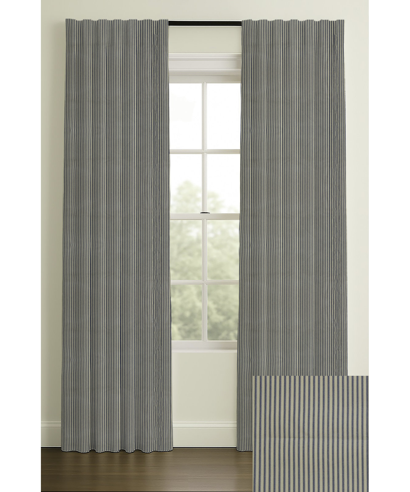 Wakefield Cotton Ticking Stripe Curtain in Dark Blue, Inverted Pleat, Double, 33" W x 120" L