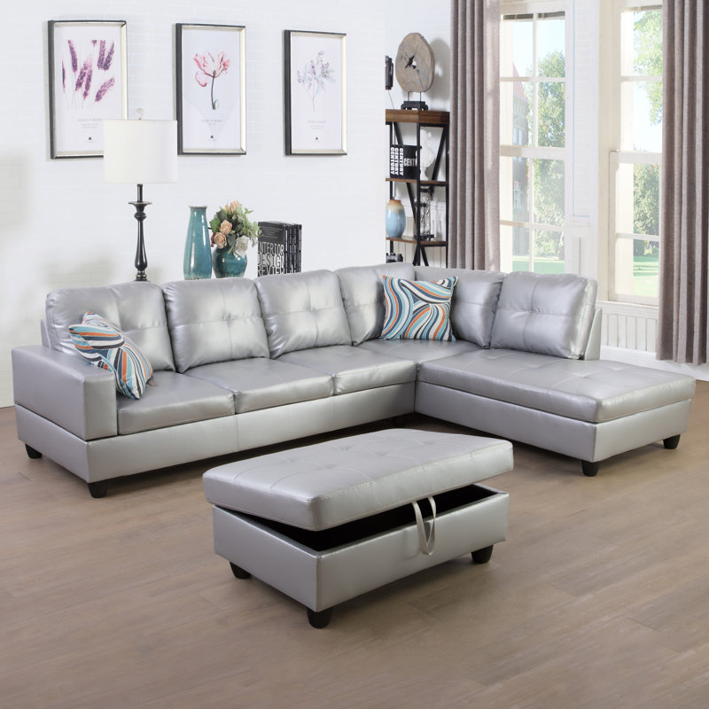 3-Piece Upholstered L-shaped Living Room Sectional, Right Hand Facing, Silver