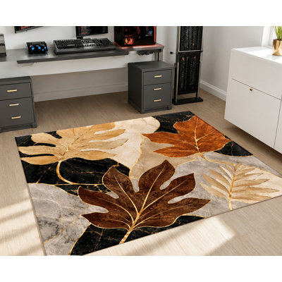 Tapis d'intérieur en velours antidérapant, lavable à la machine, à motif abstrait marbré et feuilles tropicales dorées, idéal pour le salon, la chambre à coucher, la salle à manger, le couloir ou le bureau.
