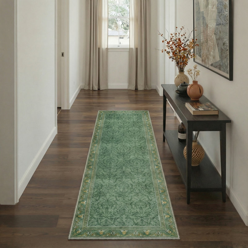 Verdure Floral Botanical Vines Machine Washable Sage Indoor Area Rug With Non-Slip Backing, Round 5'