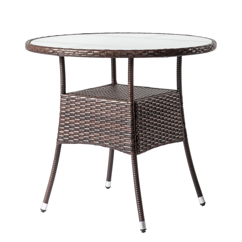 31.5" Brown Outdoor Wicker Round Dining Table – 4-person Capacity, All-weather Resistant With Glass Top For Backyard/deck/poolside