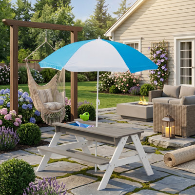 37" 3-in-1 Kids Wooden Outdoor Picnic Table with Umbrella, Gray