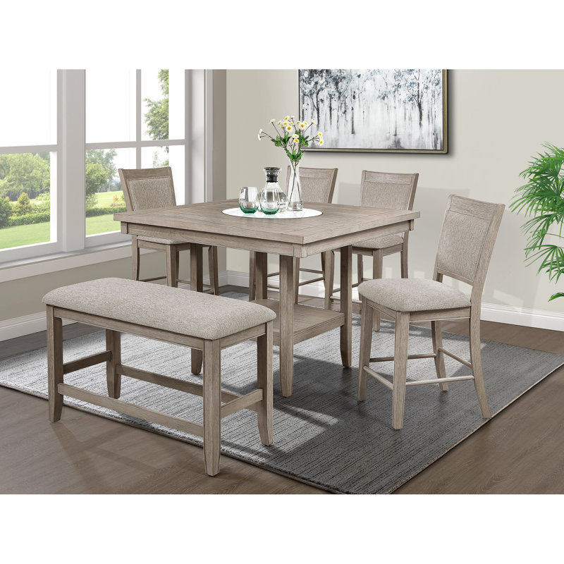 Contemporary Counter Height Bench In Brown+Beige Gray, Cushioned Seat And Footrest, Wooden Tan/Brown Stool With Grey Upholstery Wood Structure For Dining
