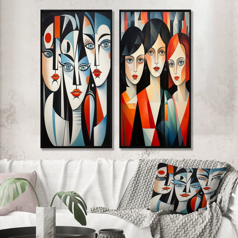 Demoiselles D Avignon Cubic Remake IV - femme, art mural sur toile, ensemble de 2, Cadre flottant noir, H 40 po x l 41 po