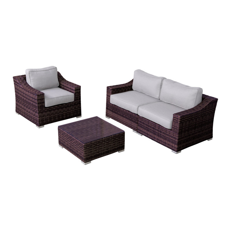 Ensemble de conversation en osier pour 3 personnes avec coussins Moyeda, Brun