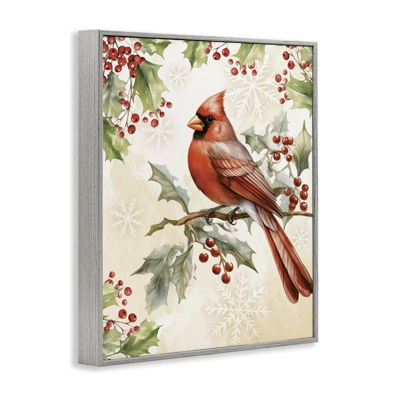 Cardinal sur une branche de houx, estampe numérique, conception par Nicole DeCamp, H 30 po x l 24 po