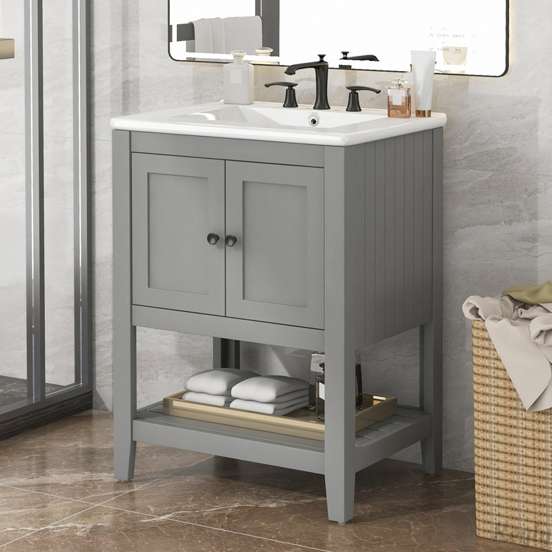 24" Modern Sleek Bathroom Vanity Elegant Ceramic Sink, Gray