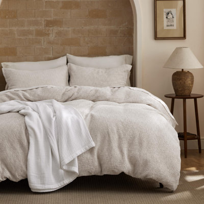  Housse de couette gaufrée - housse de couette 100% coton de couleur lin, teinte dans l'espace pour une esthétique de chambre à coucher améliorée, ensemble de literie 3 pièces toutes saisons avec fermeture à boutons, doux et élégant, 104 po x 90 