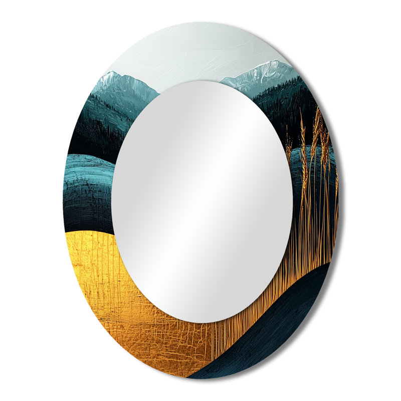 Quiet Bold Mountain In Emerald Gold Harmony IV - Gold Traditional Oval Wall Mirror, 43" x 33"