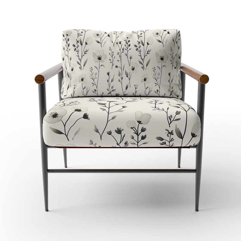 Chaise rembourrée en velours Floral - Fauteuil noir Meadowline ivoire, Bras ronds bruns