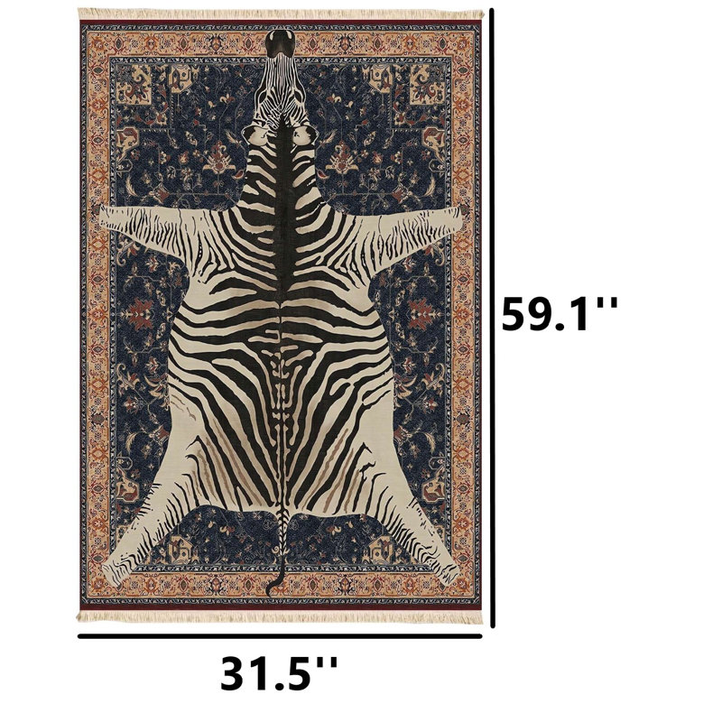 Navy Traditional Print Zebra Pelt 100% Cotton Area Rug 