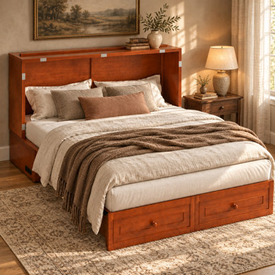 Lit escamotable Queen en bois massif avec station de chargement USB et tiroir de confidentialité pour chambre d'amis