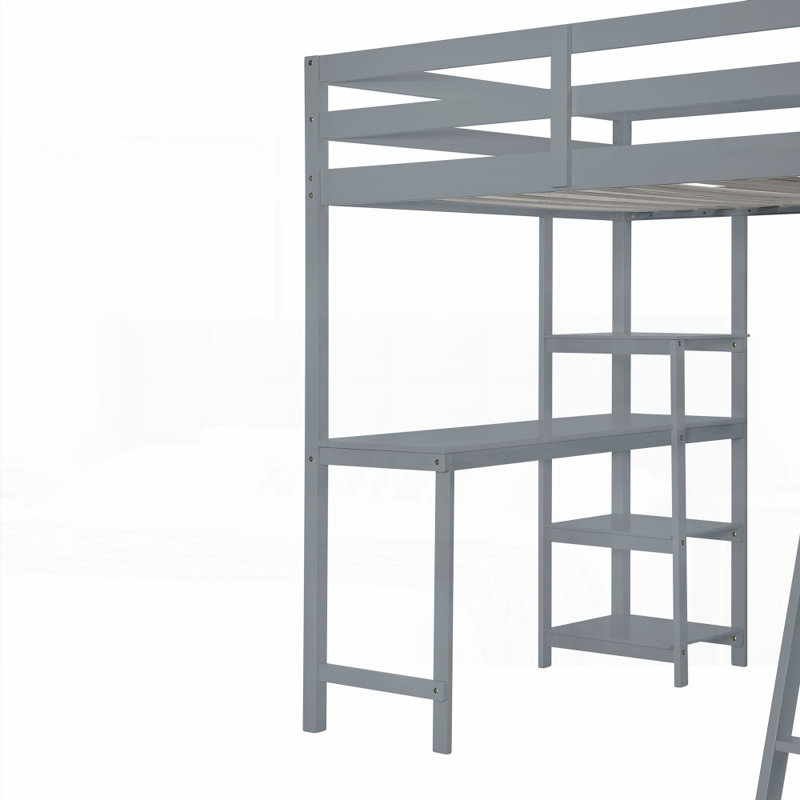 Lit mezzanine double avec garde-robe, bureau et amp; Tablettes - gris, L 78 po x l 76,6 po x H 68,9 po, aucun sommier requis, support solide