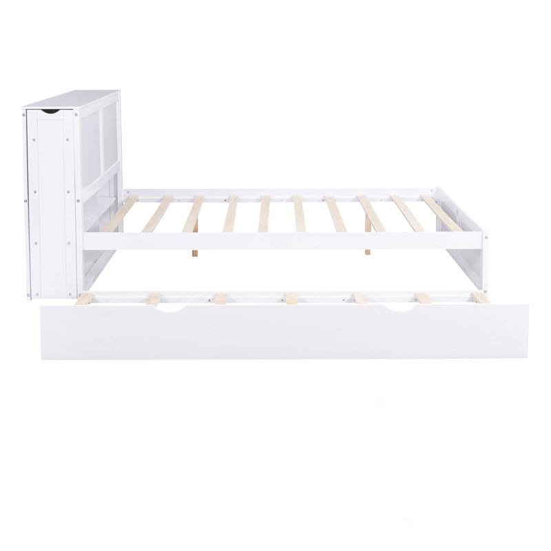 Queen Size Storage Platform Bed With Pull Out Shelves And Twin  XL Size Trundle, White