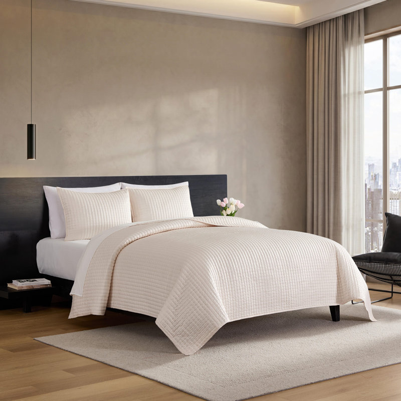 Vera Wang Matte Satin Solid Reversible Quilt Set, King, Beige