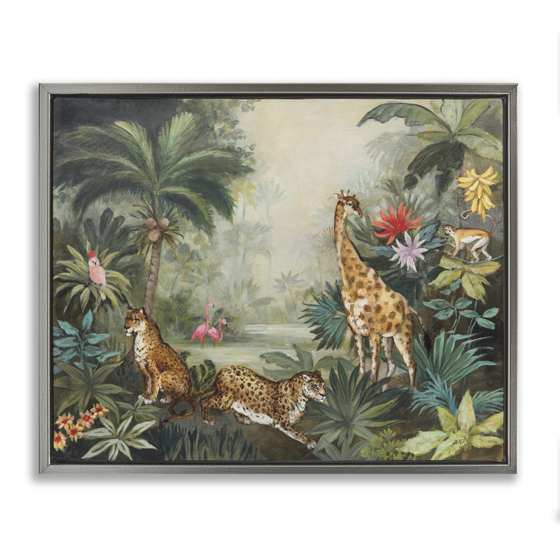 "Tropical Animals in Jungle", art mural encadré par Julia Purinton, Cadre flottant gris lustré, H 25 po x l 31 po