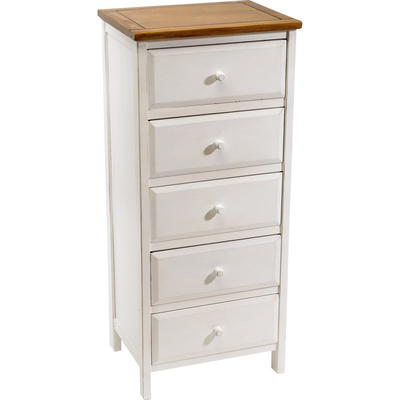 Commode décorative 5 tiroirs, Blanc vieilli