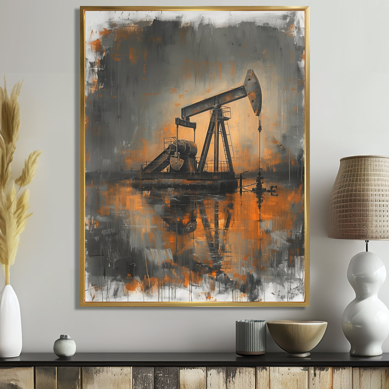 «Grey Orange Winter Oil Fields Powing Iron» - Reproduction d'art mural, Toile avec cadre flottant or