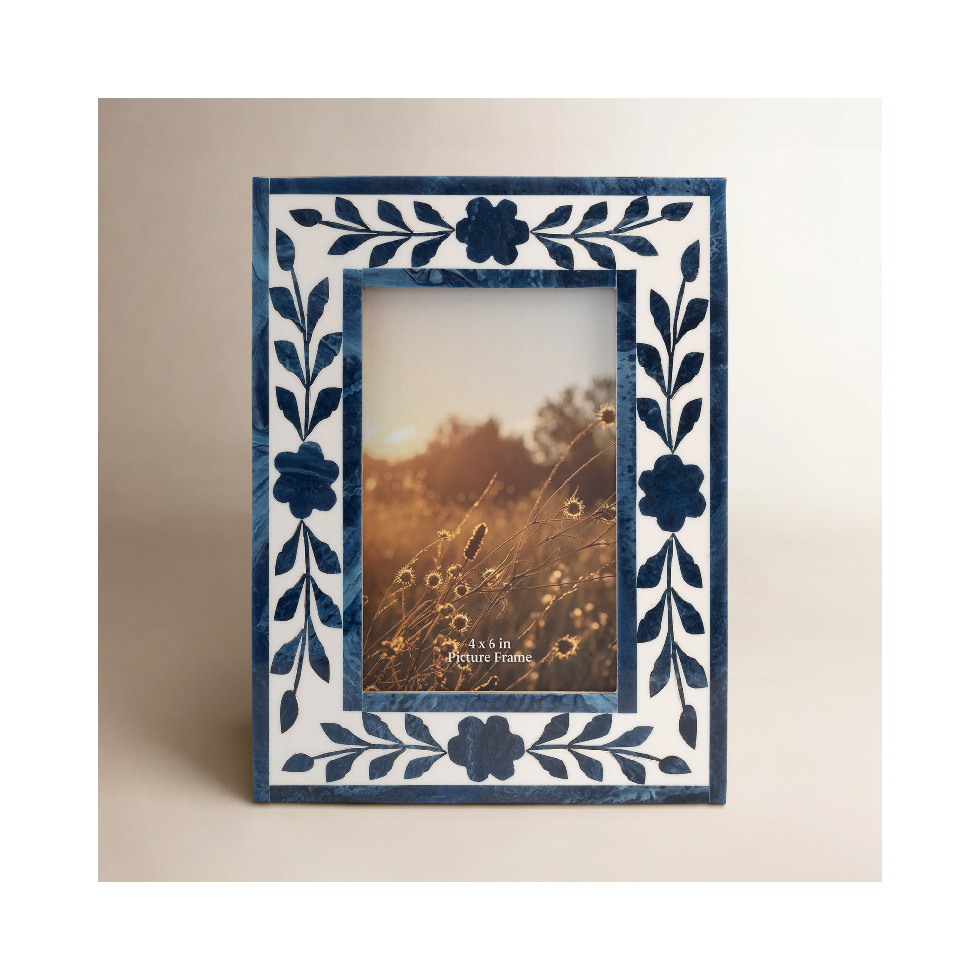 Amma 4" x 6" Picture Frame - Blue and White Floral Petals Polyresin Portrait Holder - Decorative Glass Frame for Home or Office - Sentimental Gift Idea
