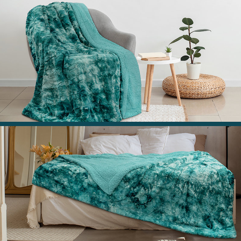 Teal Tie-Dye Faux Fur Sherpa Reversible Throw Blanket
