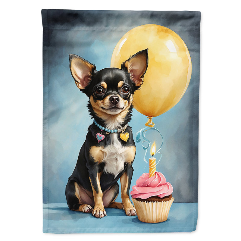 Drapeau de jardin «Happy Birthday», Chihuahua noir et brun clair