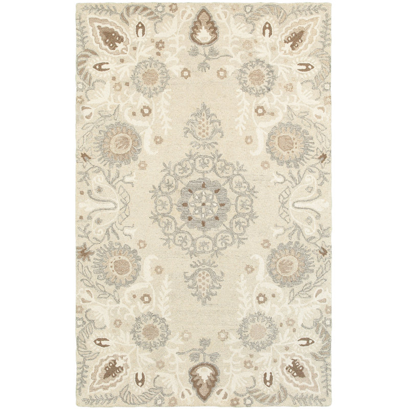 Tapis sable / cendre touffeté à la main à motif floral Baddesley, Rectangle 3 pi 6 po x 5 pi 6 po