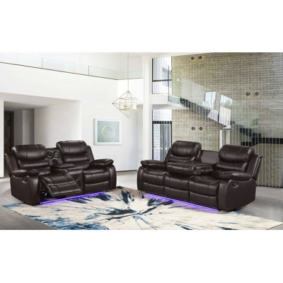 Ensemble 2 pièces: canapé inclinable et causeuse console avec éclairage DEL, brun