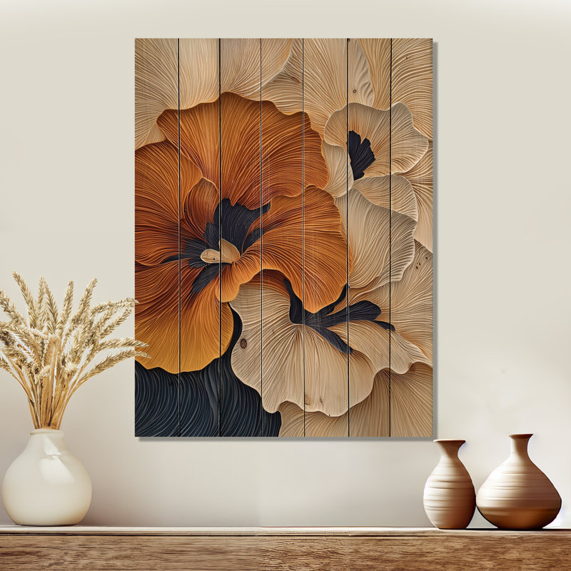 Pétales de velours Pansy en beige I - pensées murales en bois sur bois de pin naturel, H 20 po x l 10 po x P 0,78 po