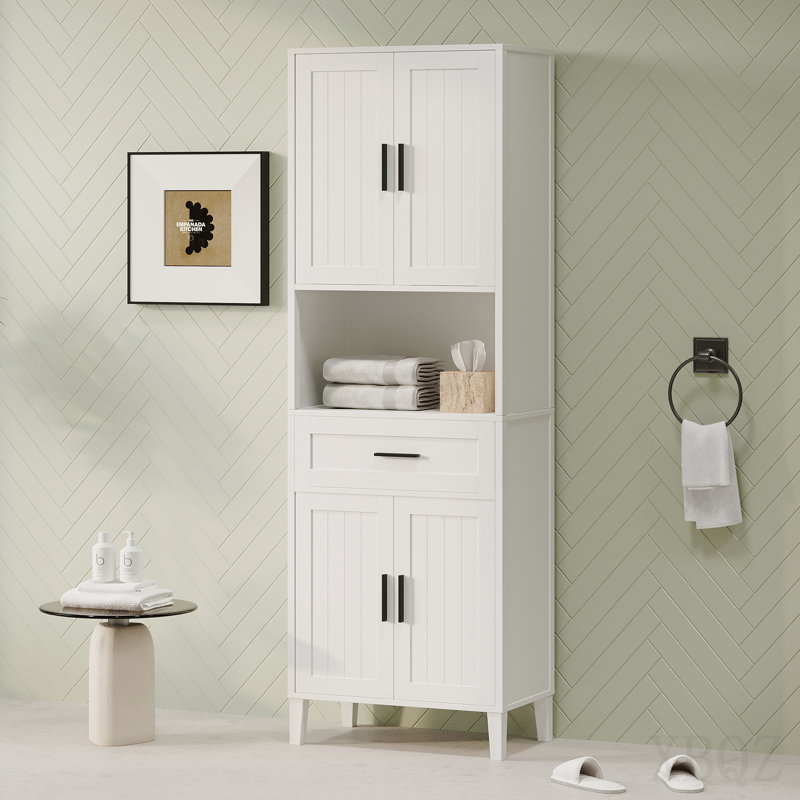 Grande armoire autoportante de 70,9 po de hauteur avec tiroir, 2 armoires, 4 portes à fermeture en douceur, 2 tablettes réglables, rangement ouvert, pour la salle de bain, le salon, la salle de lavage