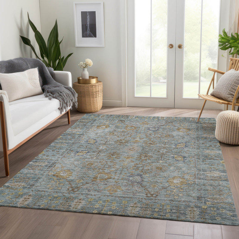 Teal Rectangular Washable Synthetic Indoor/Outdoor Rug 3' x 5'