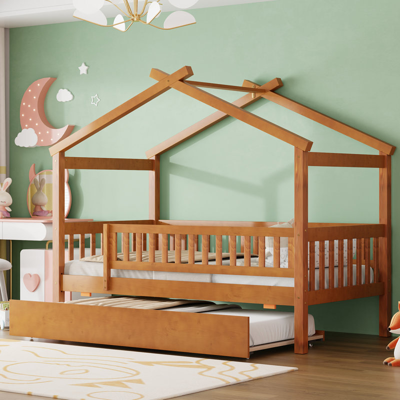 Lit simple en bois avec lit gigogne simple, noyer