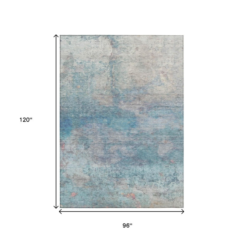 Tapis extérieur lavable abstrait 8 pi x 10 pi turquoise et beige, Rectangle 8 pi x 10 pi