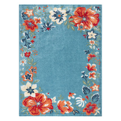 TOWN & COUNTRY EVERYDAY Hibiscus Bloom Border Modern Floral Outdoor Rug Light Blue/Red