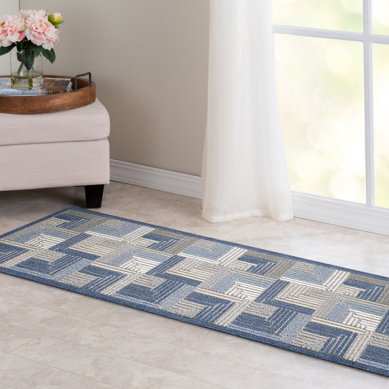 Tapis intérieur / extérieur gris / bleu Anagha, Tapis de couloir 2 pi 3 po x 7 pi 6 po