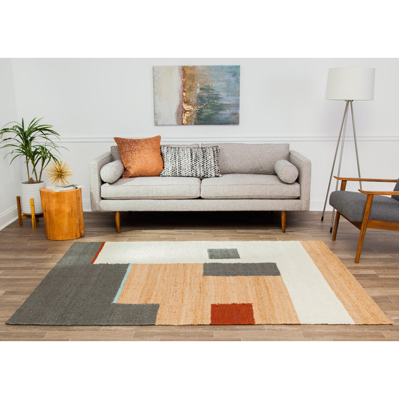 Marjorie Geometric Handwoven Jute/Sisal Tan/Ivory/Gray Area Rug, Rectangle 5' x 8'