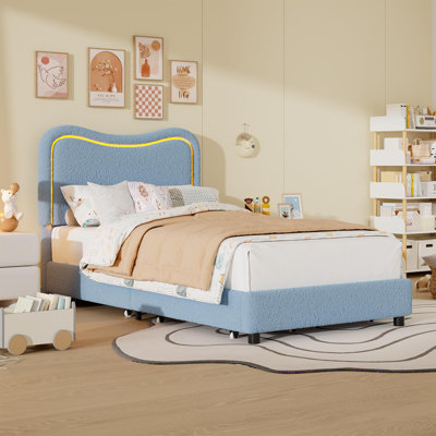 Structure de lit, structure de lit tapissier avec tête de lit à DEL RVB et 2 tiroirs de rangement roulants verrouillables, support à lattes en bois silencieux, capacité de 750 lb pour les enfants et les adolescents