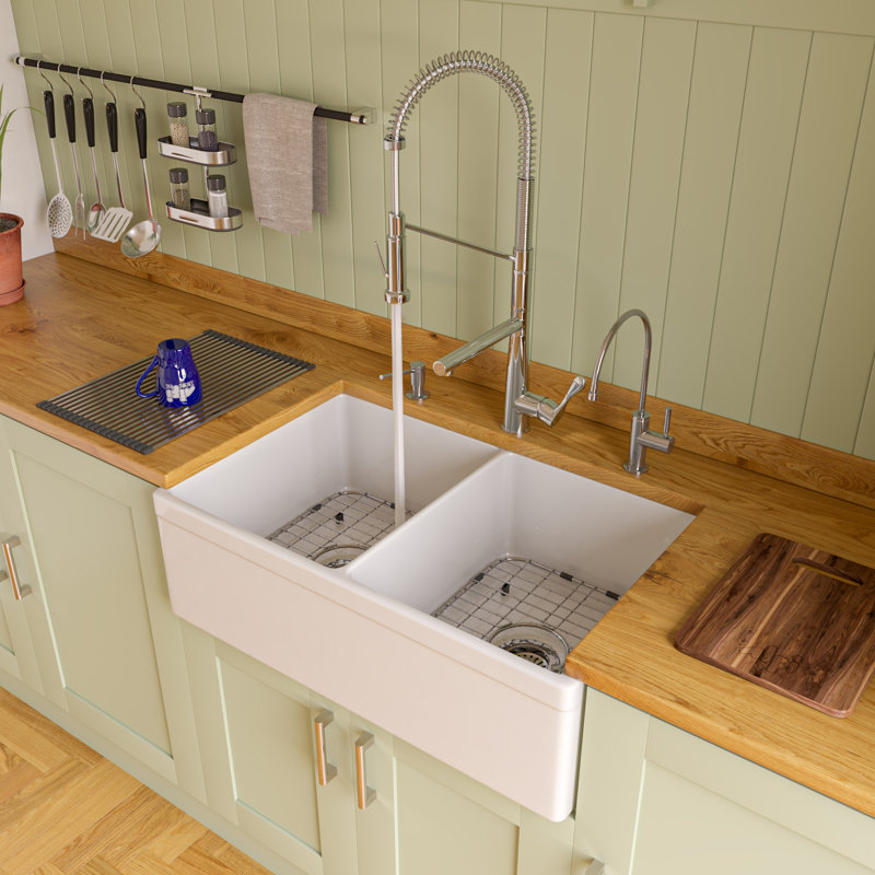 32.75'' L Double Bowl Fireclay Kitchen Sink, White